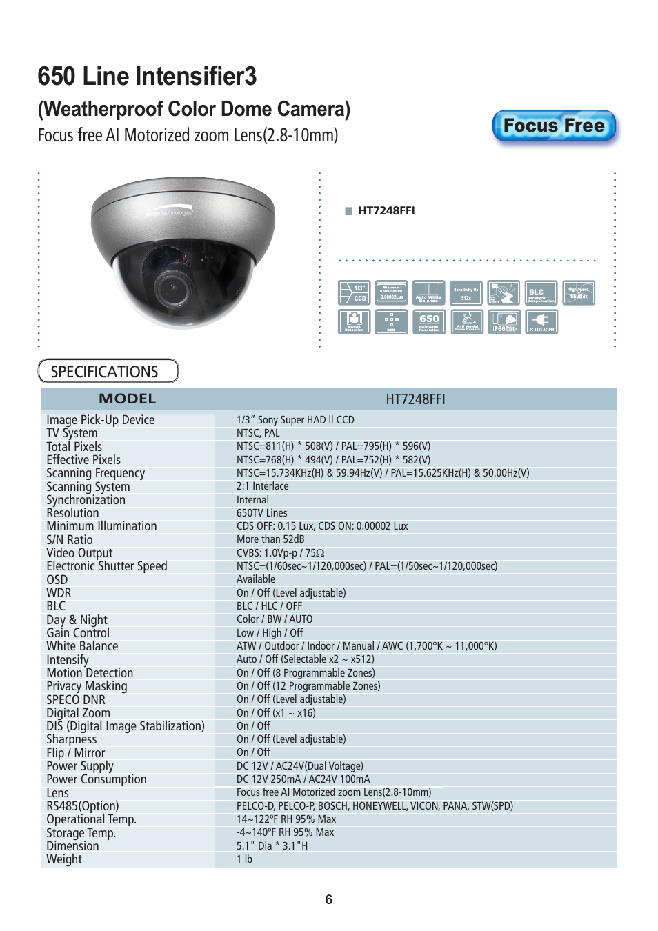 650 line intensifier3, Weatherproof color dome camera), Focus free ai motorized zoom lens(2.8-10mm) | Focus free | Speco Technologies 650Line Intensifier3 Series Focus Free HTD8FFI User Manual | Page 6 / 28