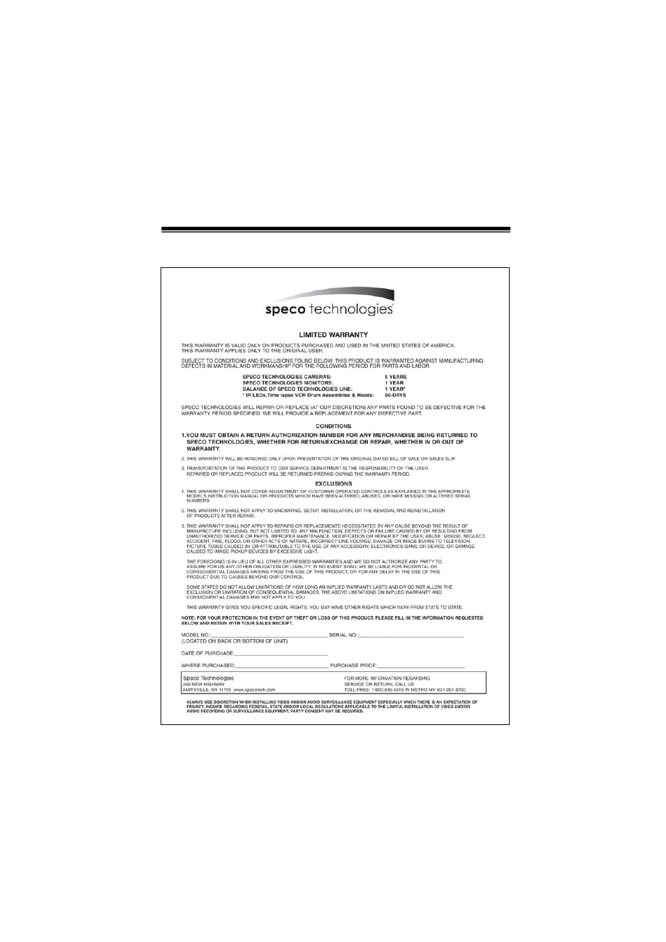 Warranty | Speco Technologies 560 LINE COLOR BULLET CAMERA HT7715DNVW User Manual | Page 15 / 16