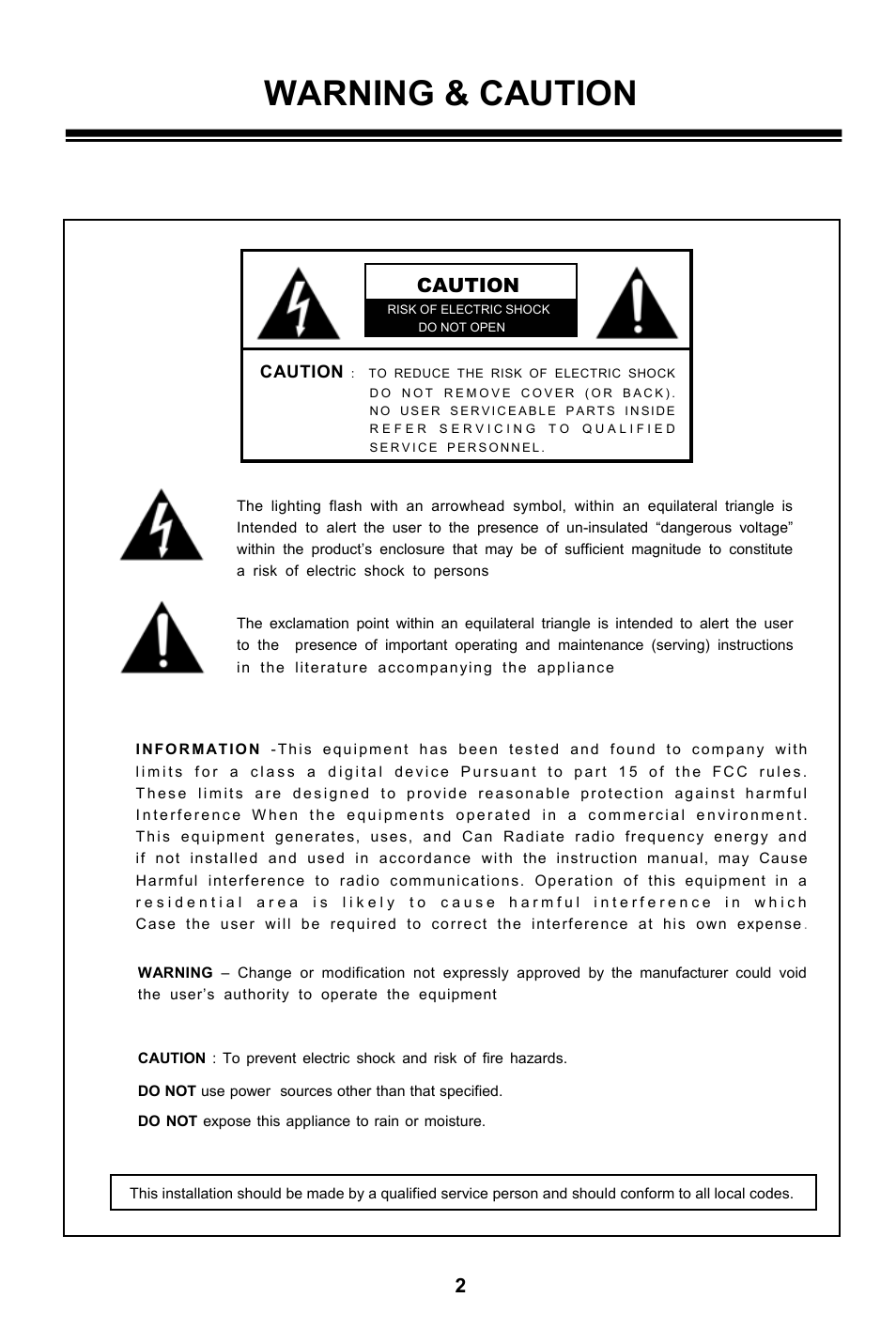 Warning & caution | Speco Technologies 560 LINE COLOR BULLET CAMERA HT7715DNVW User Manual | Page 2 / 16