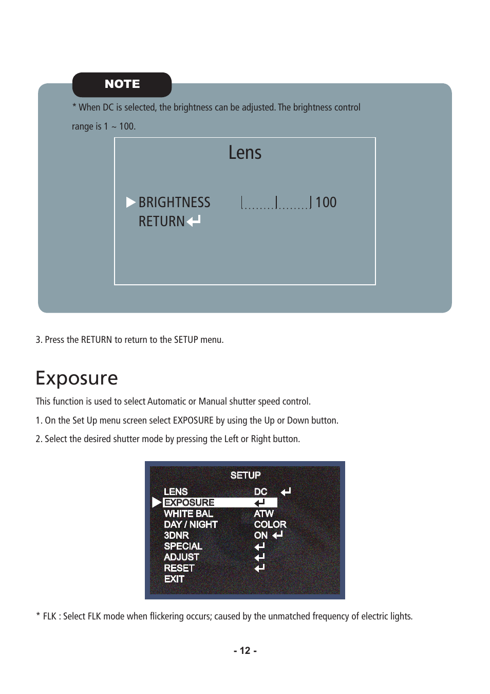 Lens, Exposure, Brightness return 100 | Speco Technologies CVC6146SCFF User Manual | Page 12 / 32