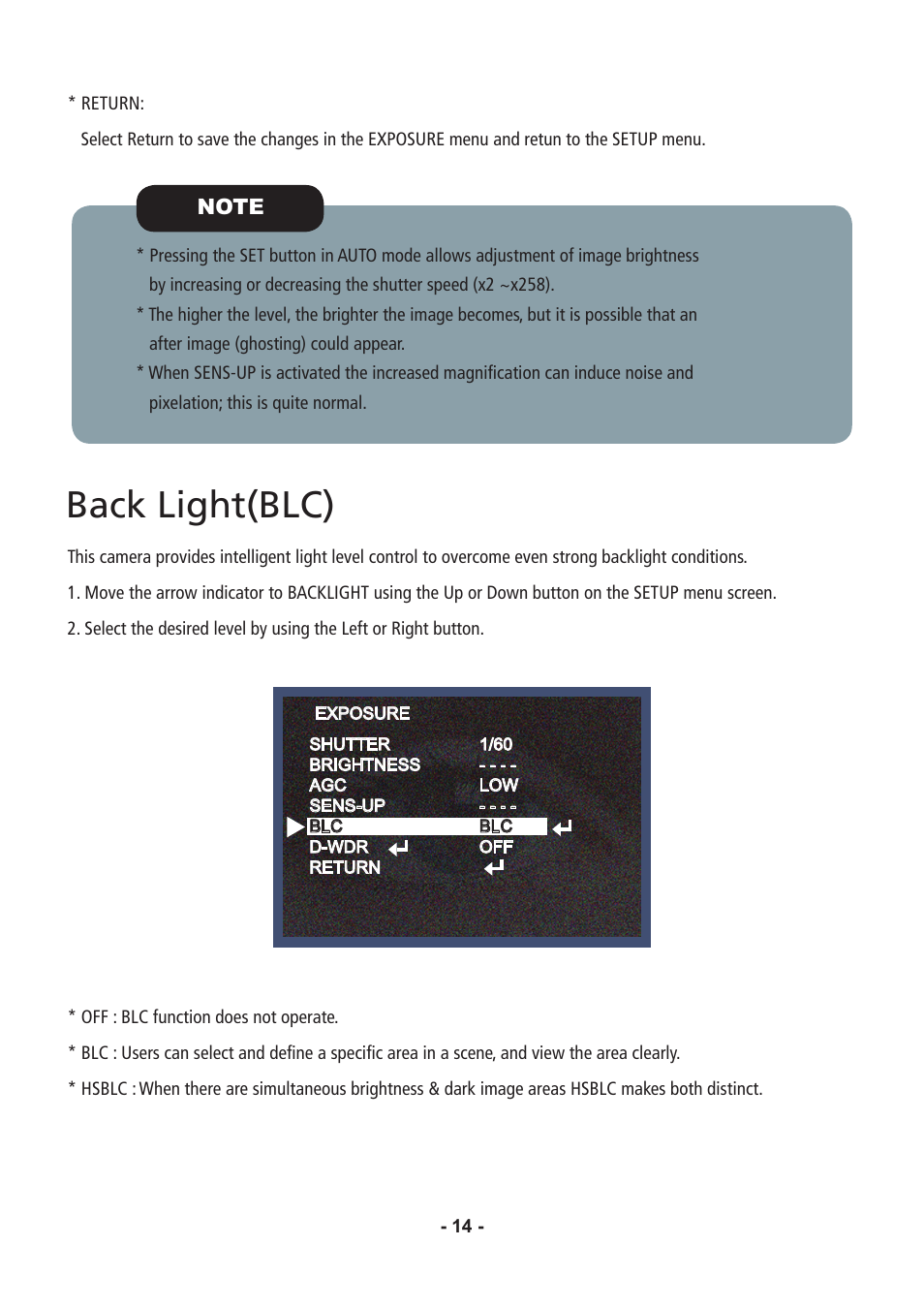 Back light(blc) | Speco Technologies CVC6146SCFF User Manual | Page 14 / 32