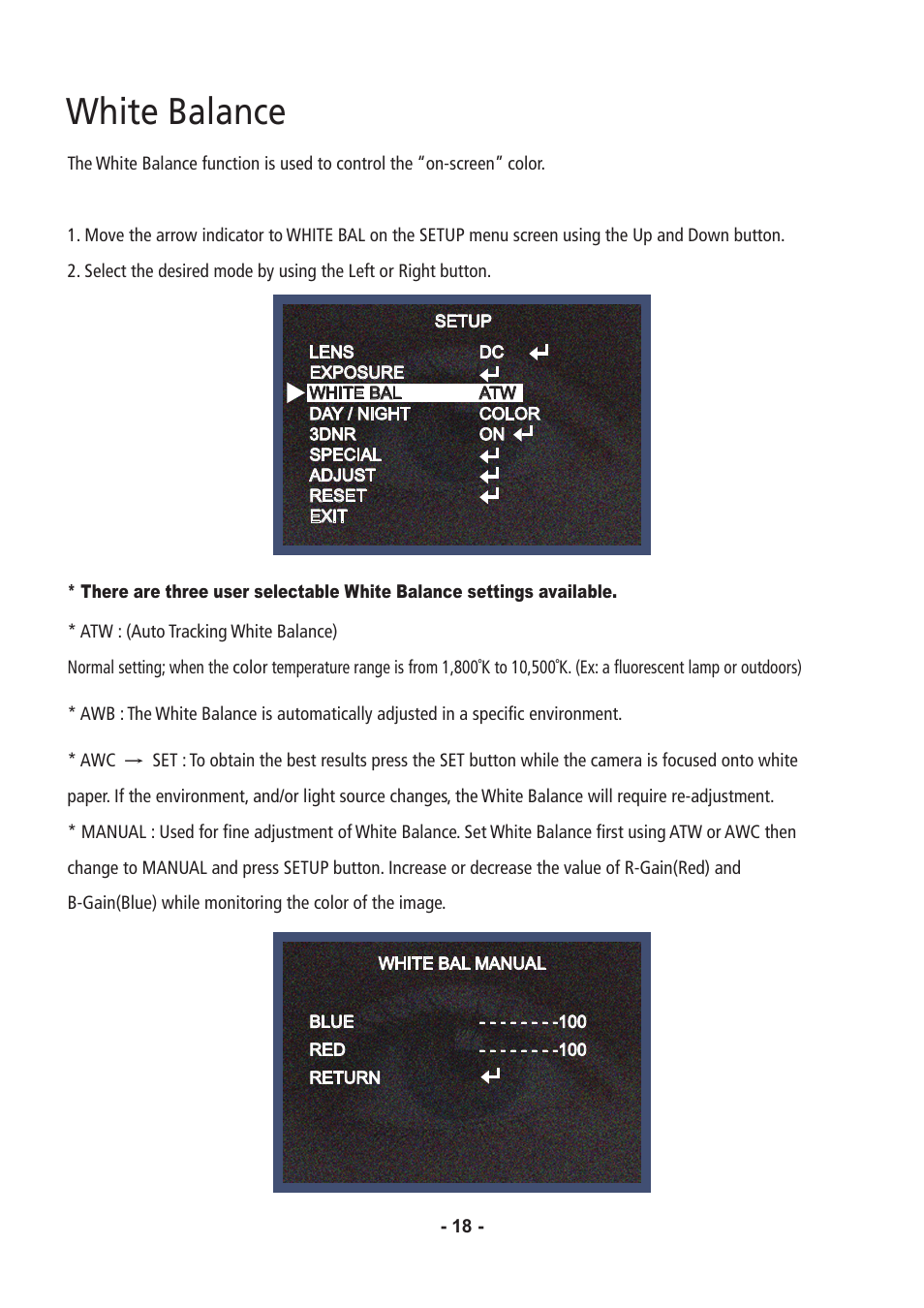 White balance | Speco Technologies CVC6146SCFF User Manual | Page 18 / 32