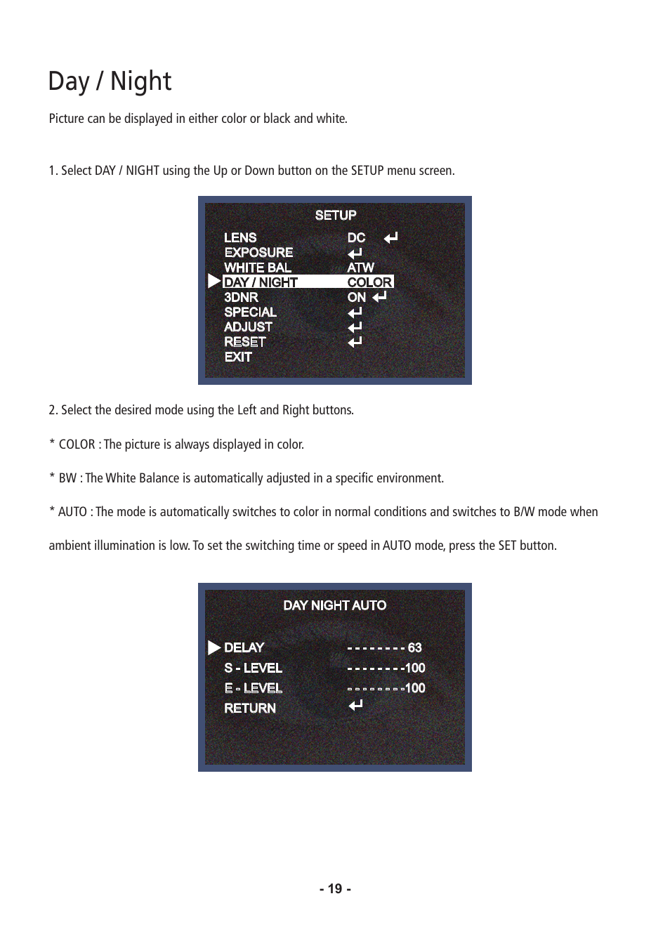 Day / night | Speco Technologies CVC6146SCFF User Manual | Page 19 / 32