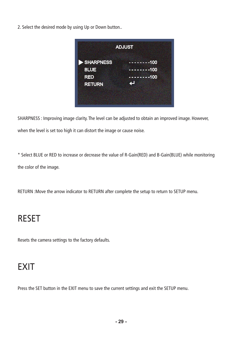 Reset, Exit | Speco Technologies CVC6146SCFF User Manual | Page 29 / 32