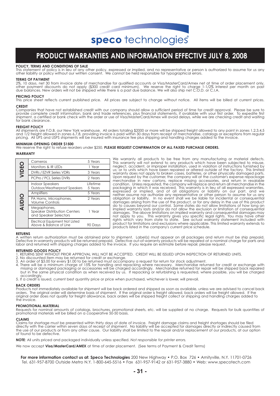 Vide o audi o | Speco Technologies CVC6146SCFF User Manual | Page 31 / 32