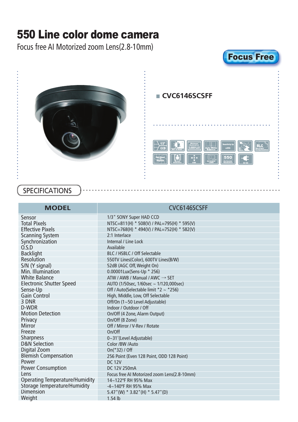 550 line color dome camera, Focus free ai motorized zoom lens(2.8-10mm), Focus free | Cvc6146scsff, Specifications | Speco Technologies CVC6146SCFF User Manual | Page 6 / 32