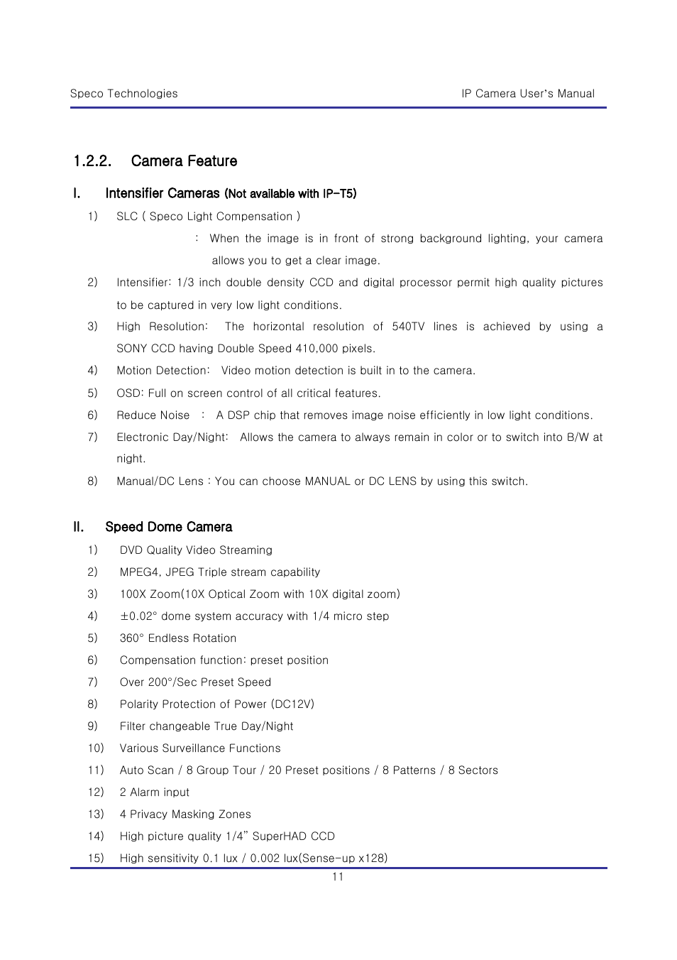 Camera feature | Speco Technologies & IP-WDRB1 User Manual | Page 11 / 126