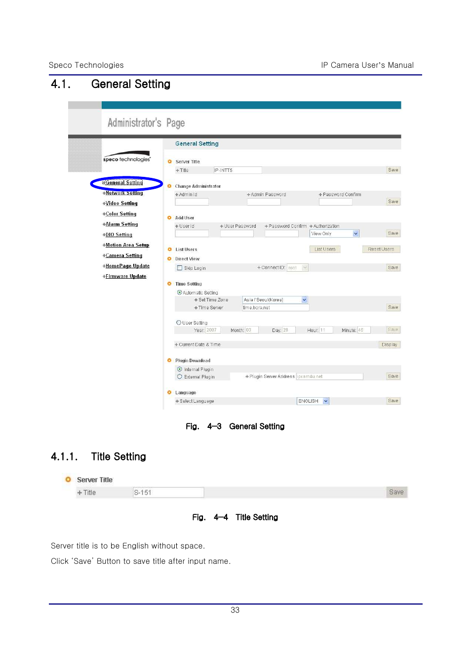 General setting, Title setting | Speco Technologies & IP-WDRB1 User Manual | Page 33 / 126