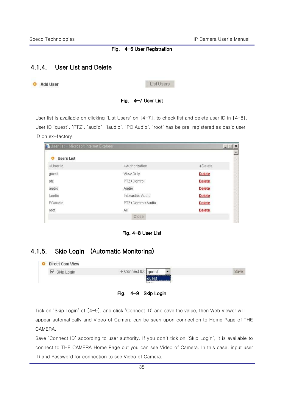 User list and delete, Skip login (automatic monitoring) | Speco Technologies & IP-WDRB1 User Manual | Page 35 / 126