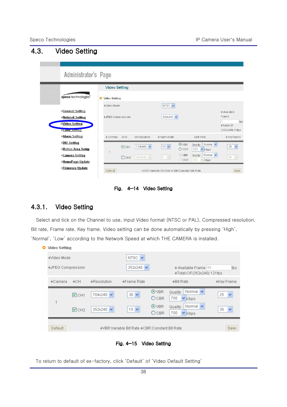 Video setting | Speco Technologies & IP-WDRB1 User Manual | Page 38 / 126