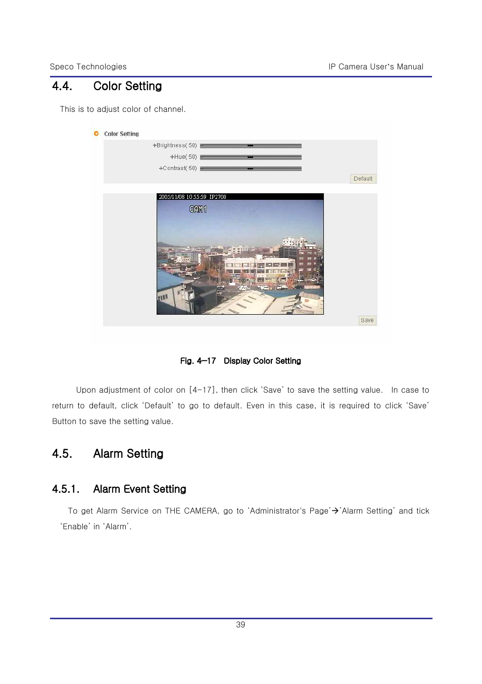 Color setting, Alarm setting | Speco Technologies & IP-WDRB1 User Manual | Page 39 / 126