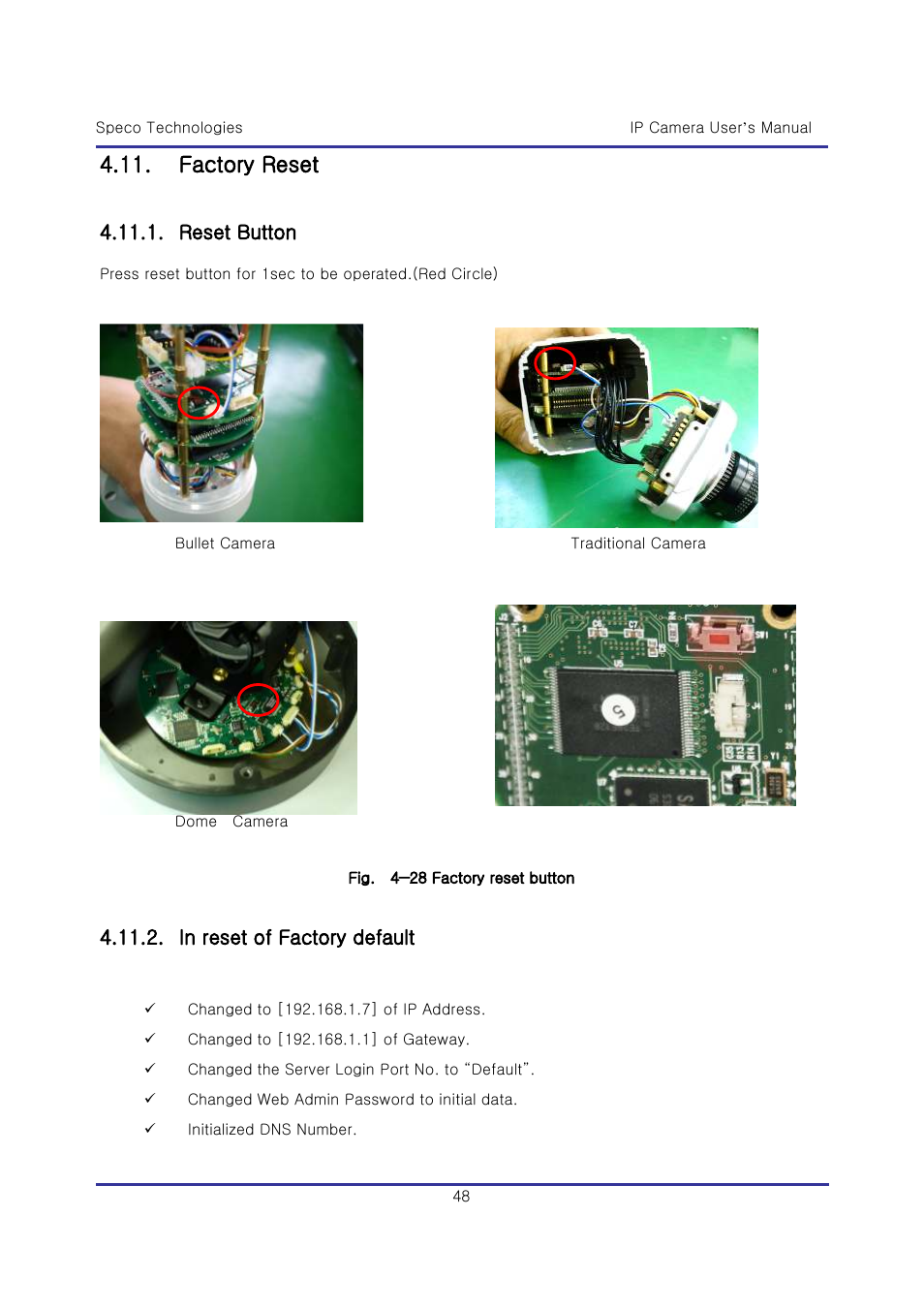 Factory reset, Reset button | Speco Technologies & IP-WDRB1 User Manual | Page 48 / 126