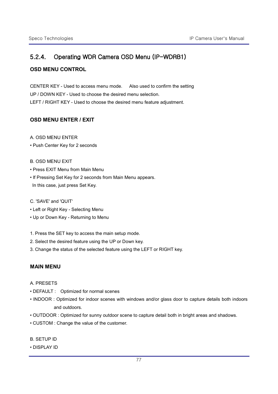 Operating wdr camera osd menu (ip-wdrb1) | Speco Technologies & IP-WDRB1 User Manual | Page 77 / 126