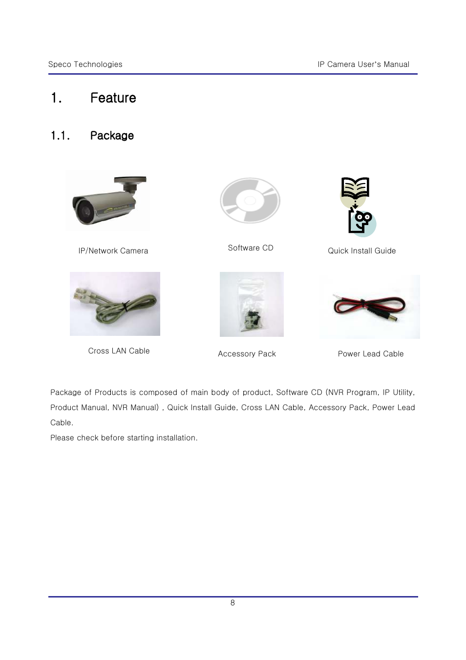 Feature, Package | Speco Technologies & IP-WDRB1 User Manual | Page 8 / 126