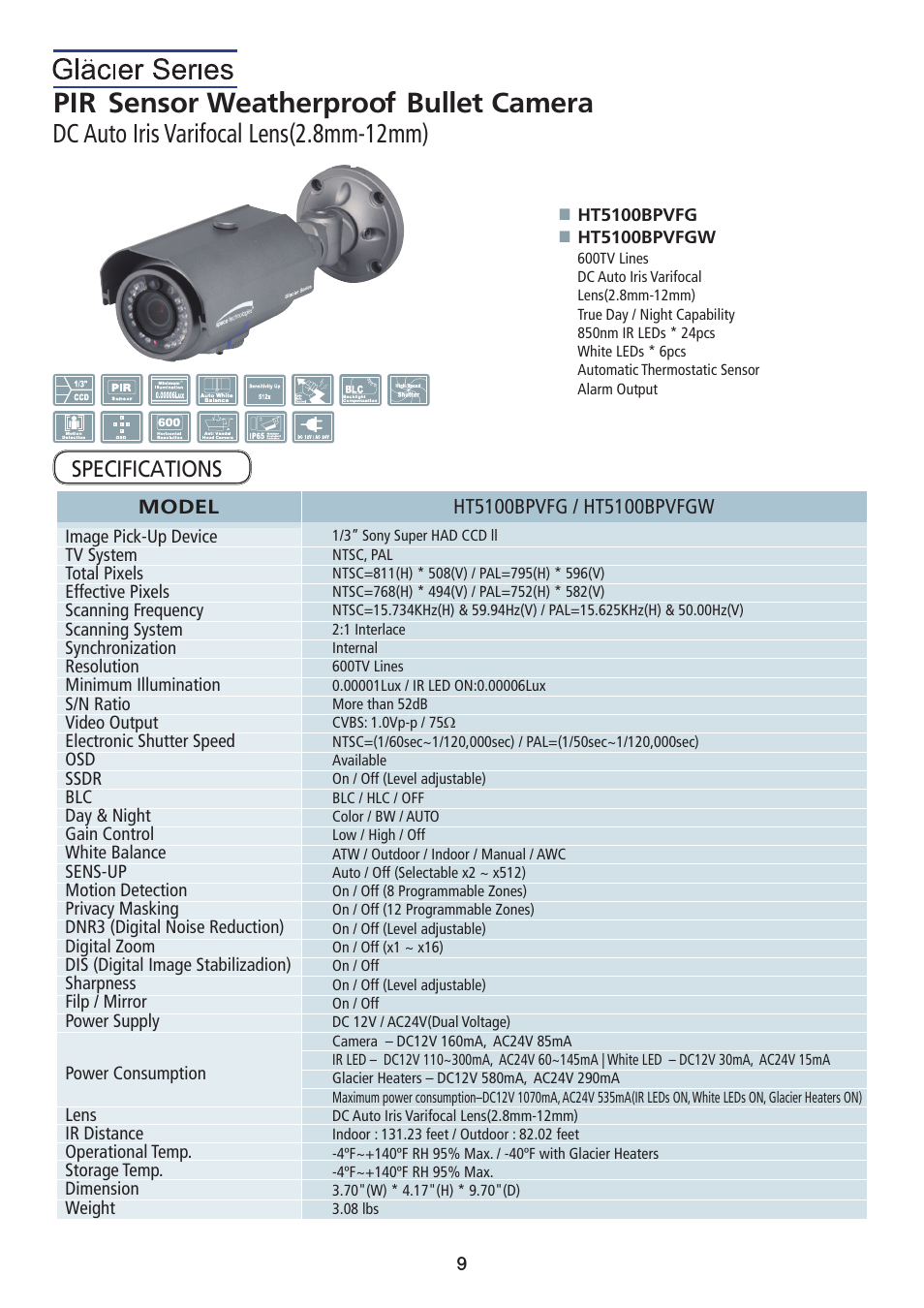 Pir sensor weatherproof bullet camera, Dc auto iris varifocal lens(2.8mm-12mm) | Speco Technologies PIR Sensor Camera HT5100BPVFG User Manual | Page 10 / 32