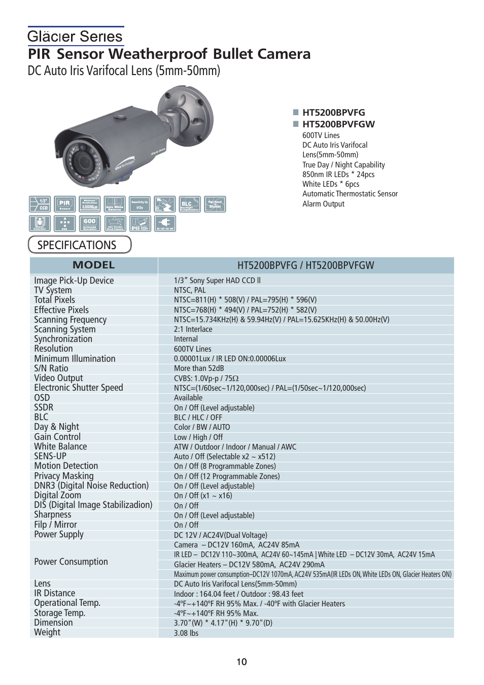 Pir sensor weatherproof bullet camera, Dc auto iris varifocal lens (5mm-50mm) | Speco Technologies PIR Sensor Camera HT5100BPVFG User Manual | Page 11 / 32