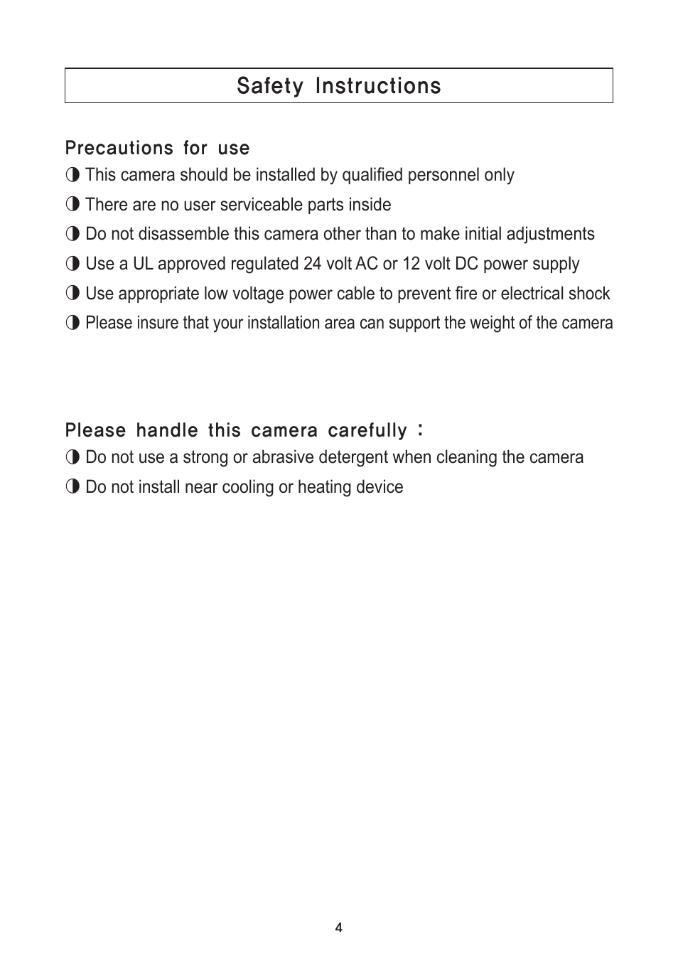 Safety instructions | Speco Technologies PIR Sensor Camera HT5100BPVFG User Manual | Page 5 / 32