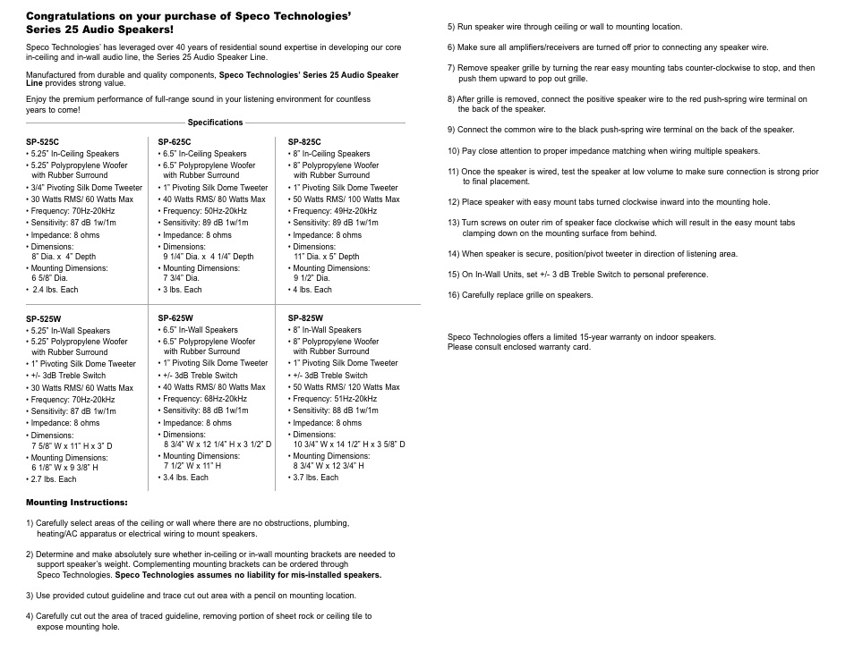 Speco Technologies SP-625W User Manual | Page 2 / 2