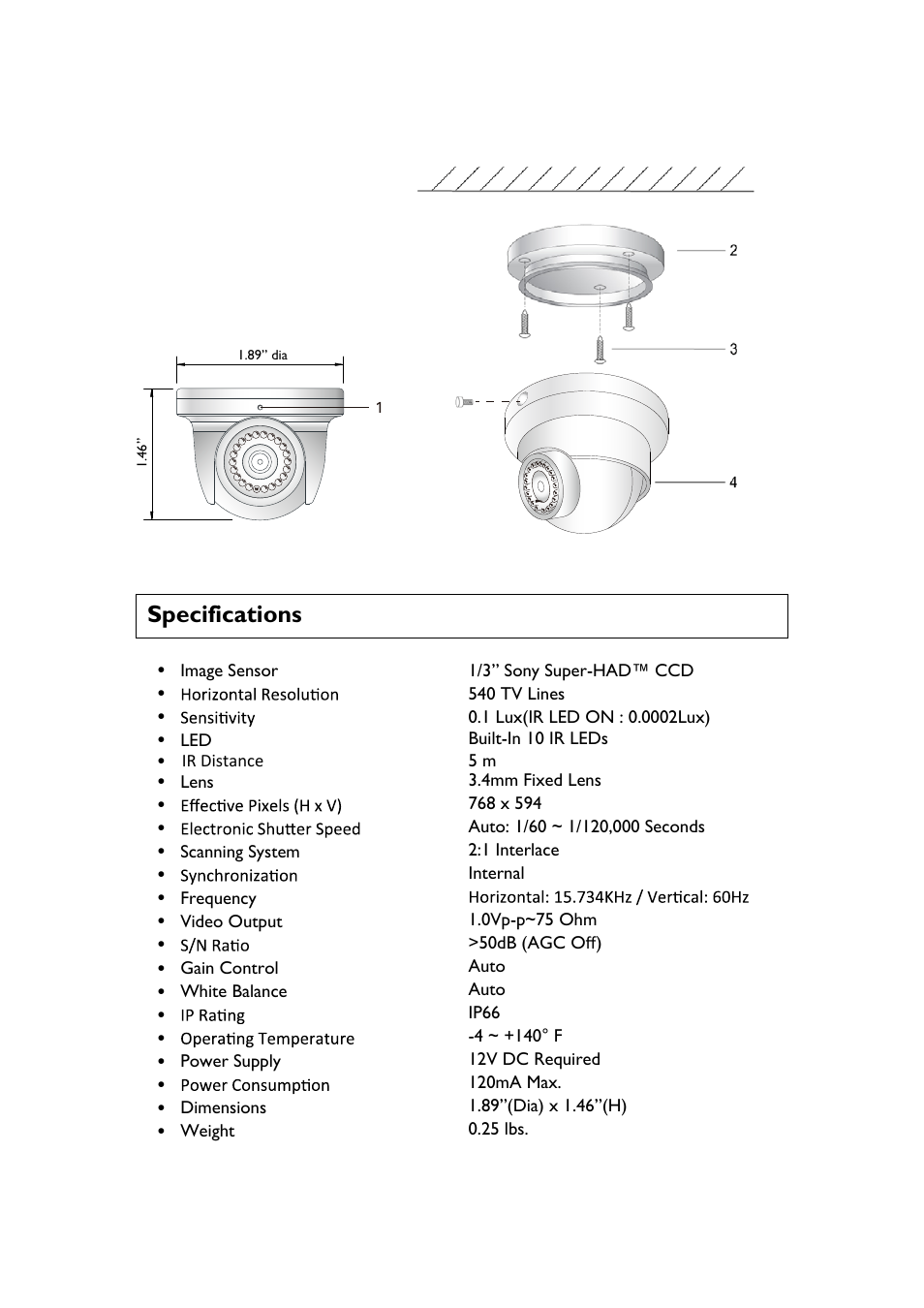 Specifications | Speco Technologies Miniature Weatherproof Color Camera CVC71HRB User Manual | Page 3 / 4