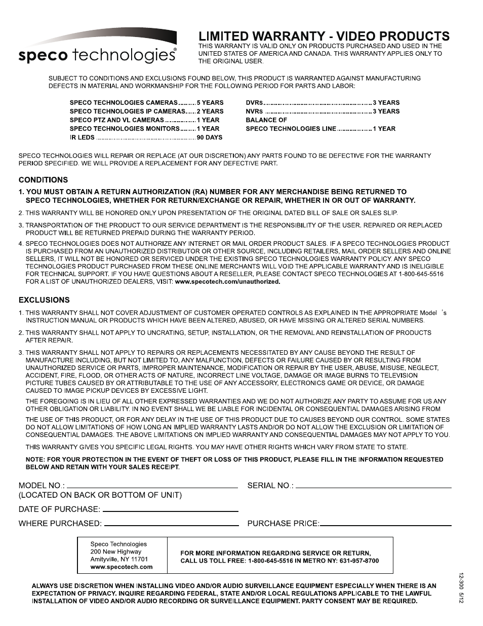 Speco Technologies Miniature Weatherproof Color Camera CVC71HRB User Manual | Page 4 / 4