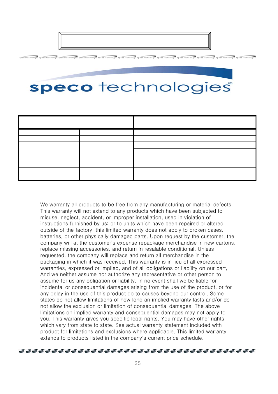 Limited warranty, Warranty | Speco Technologies HT - INTB8/9/10 User Manual | Page 36 / 40