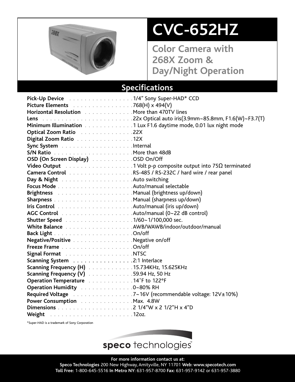 Cvc-652hz, Color camera with 268x zoom & day/night operation, Specifications | Speco Technologies CVC-652HZ User Manual | Page 2 / 2