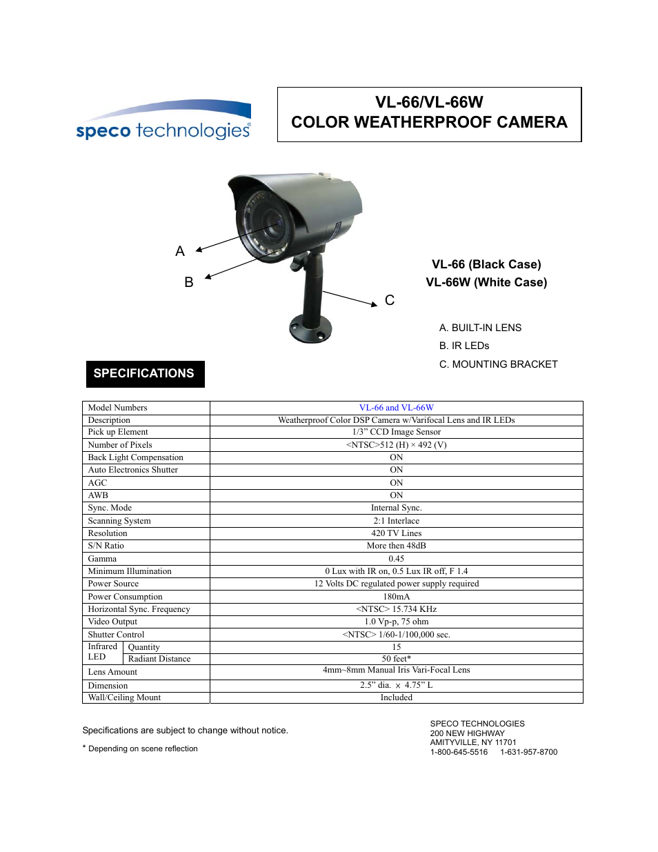 Speco Technologies VL-66W User Manual | 2 pages