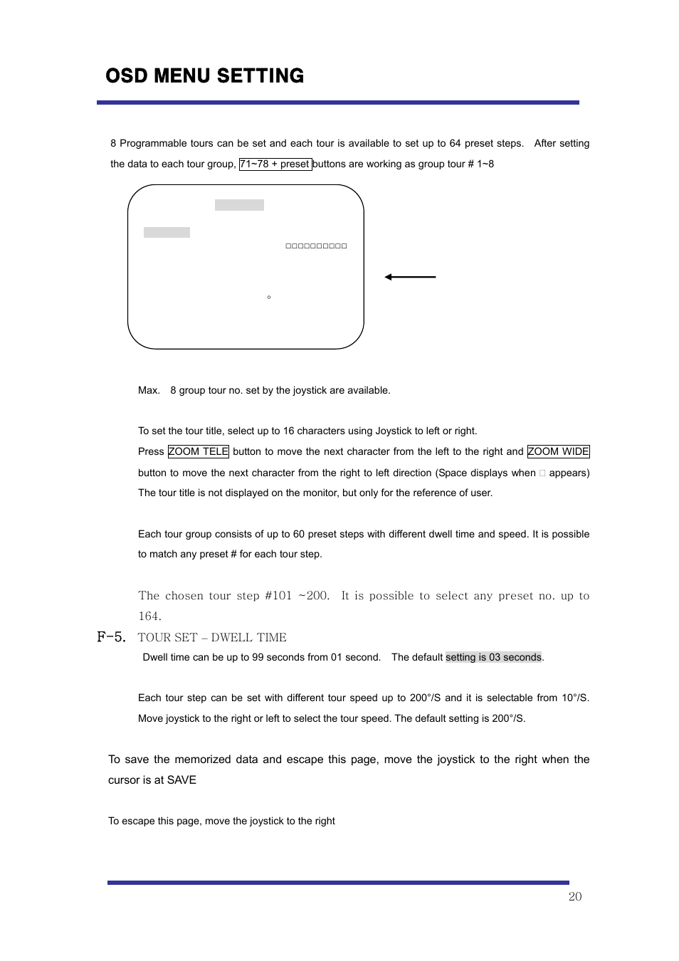 Osd menu setting, F. tour set | Speco Technologies 10X Pan-Tilt Speed Dome Camera HITSD10X User Manual | Page 20 / 32