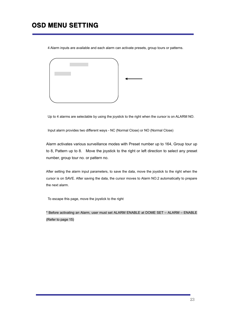 Osd menu setting, I. alarm set | Speco Technologies 10X Pan-Tilt Speed Dome Camera HITSD10X User Manual | Page 23 / 32