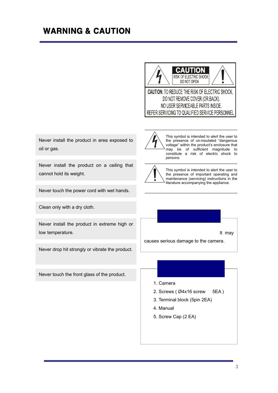 Warning & caution, Warning, What’s in the box | Speco Technologies 10X Pan-Tilt Speed Dome Camera HITSD10X User Manual | Page 3 / 32