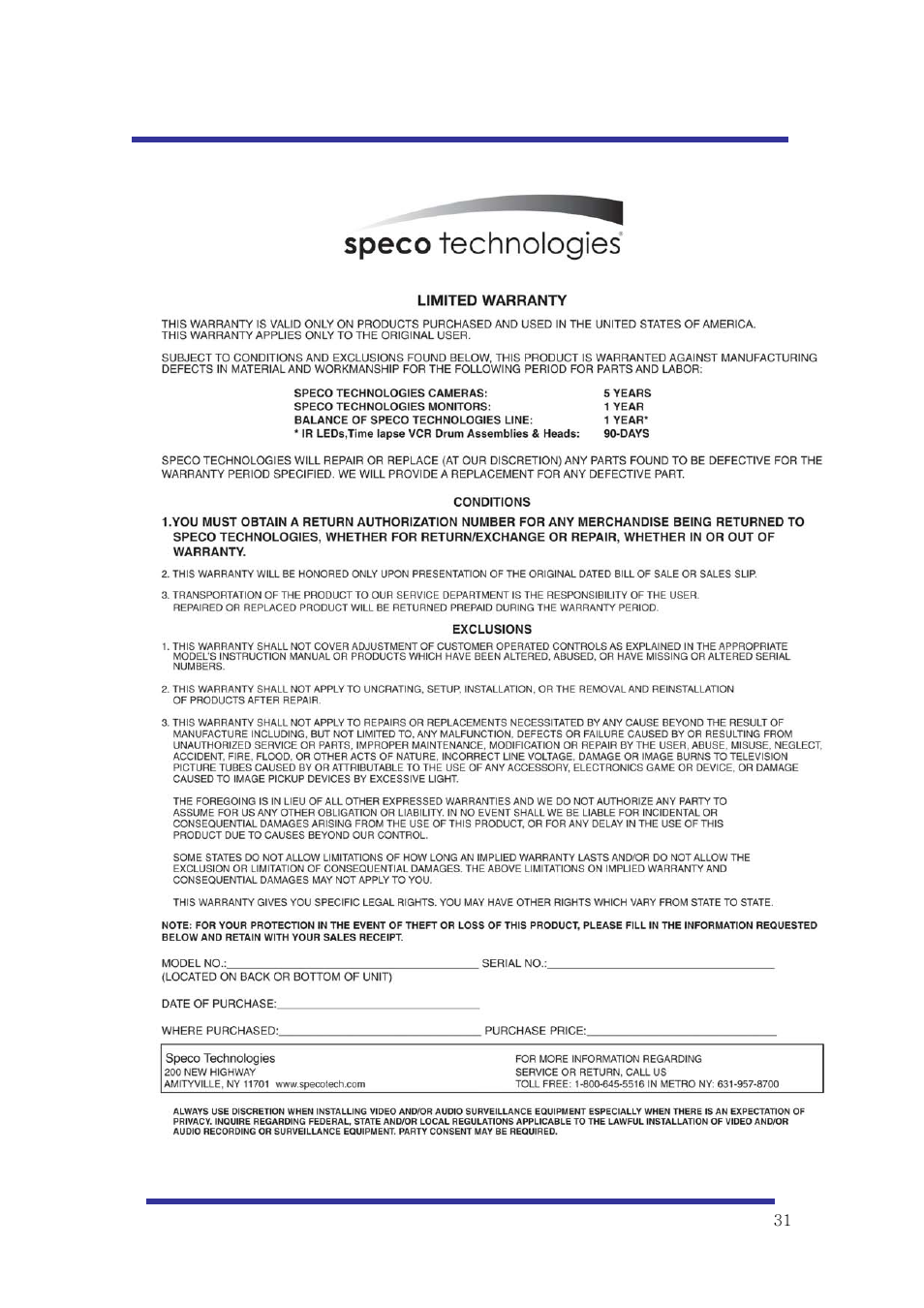 Speco Technologies 10X Pan-Tilt Speed Dome Camera HITSD10X User Manual | Page 31 / 32