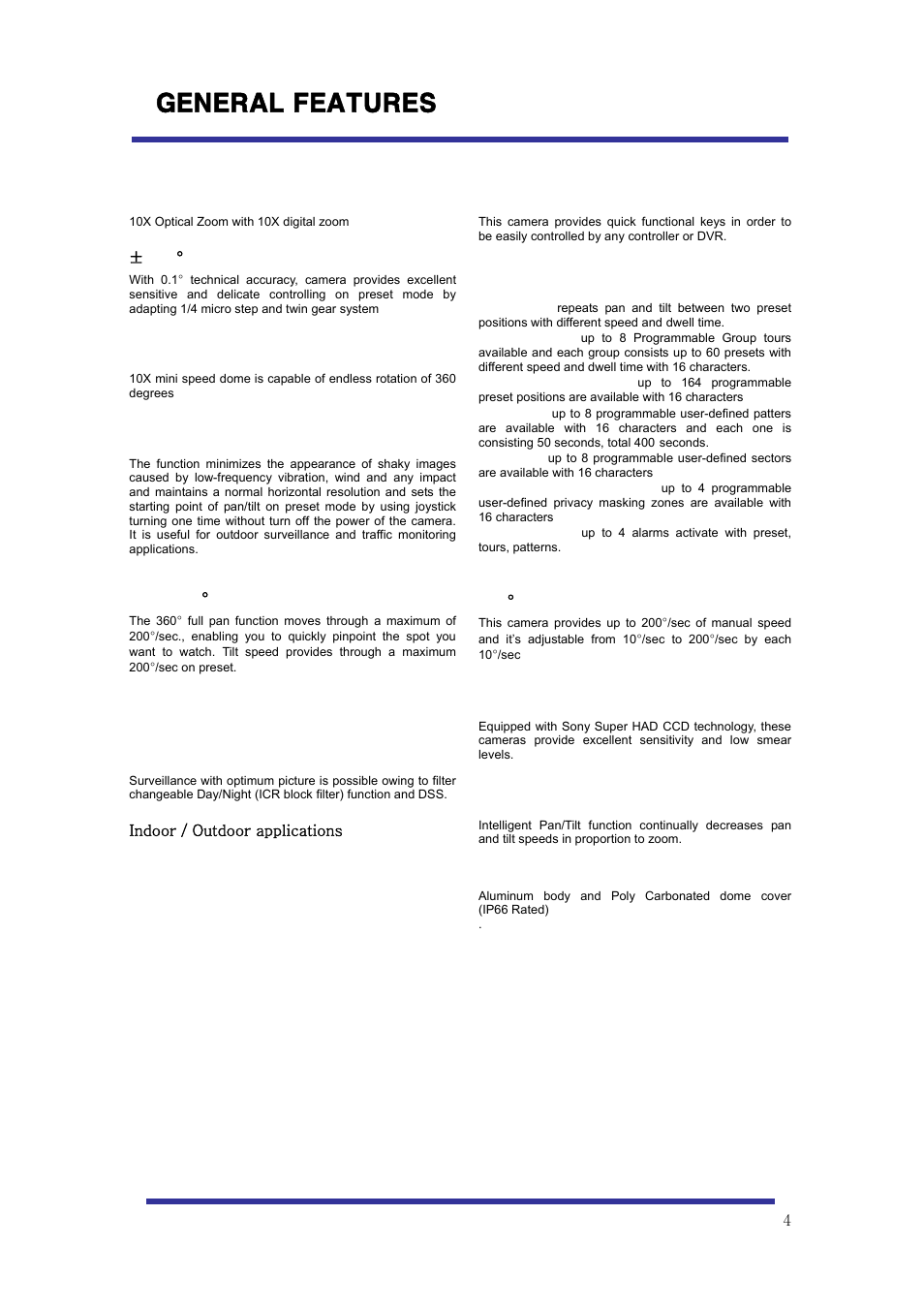 General features | Speco Technologies 10X Pan-Tilt Speed Dome Camera HITSD10X User Manual | Page 4 / 32