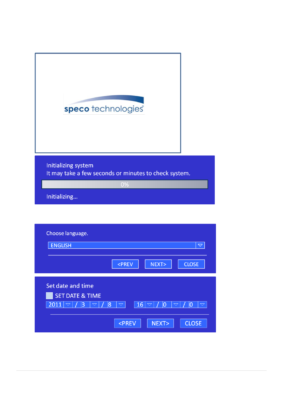 Initial boot up process, 1. initial boot up and basic time setup | Speco Technologies D8RS User Manual | Page 11 / 94