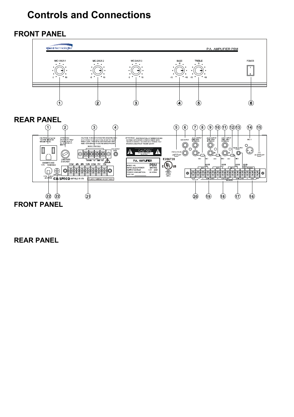 Controls and connections, Front panel, Rear panel | Speco Technologies PBM-60 User Manual | Page 3 / 12