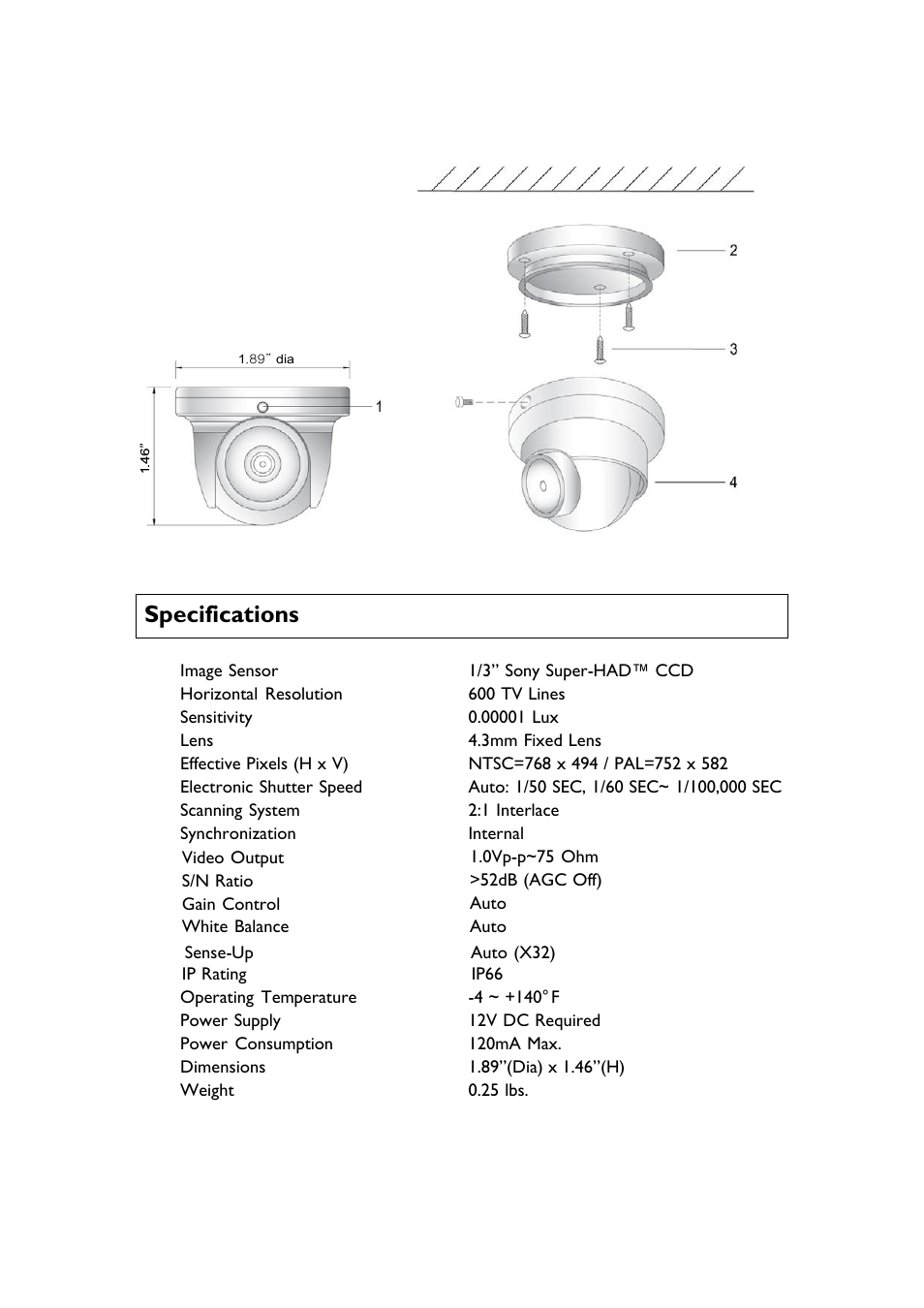 Specifications | Speco Technologies 600TVL Intense Light Minature Weatherproof Color Camera CVC 62iLTB User Manual | Page 3 / 4