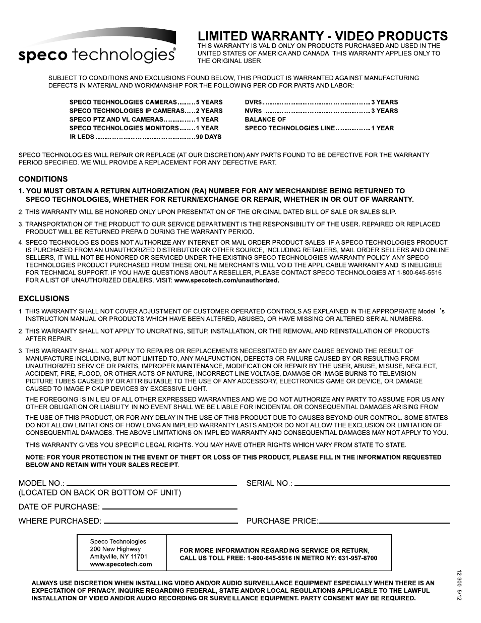 Speco Technologies 600TVL Intense Light Minature Weatherproof Color Camera CVC 62iLTB User Manual | Page 4 / 4