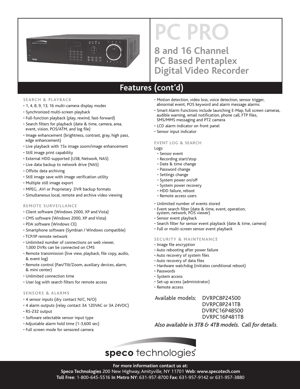 Pc pro, Features (cont’d) | Speco Technologies DVRPC8P241TB User Manual | Page 2 / 2