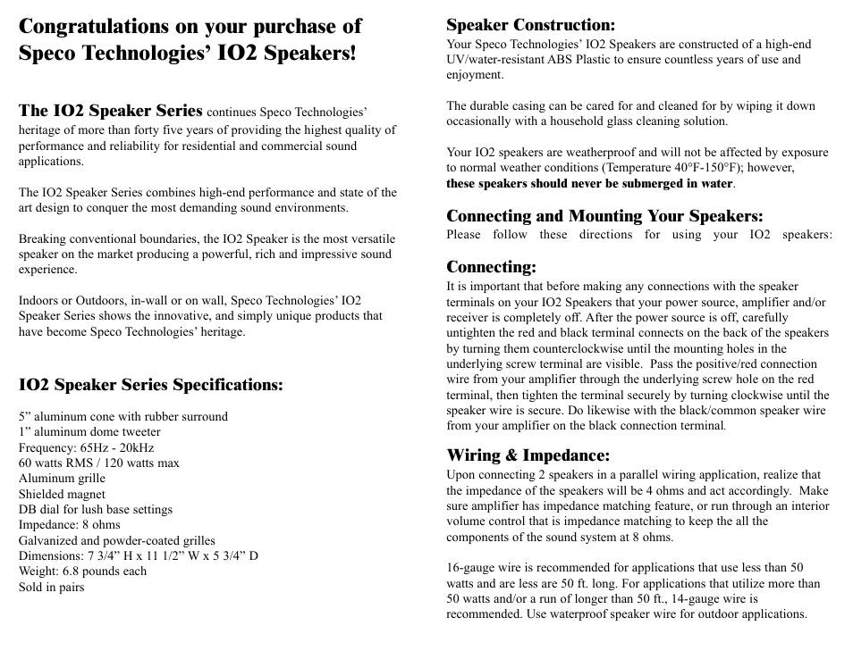 Speakers | Speco Technologies SP-5IO2 User Manual | Page 2 / 2