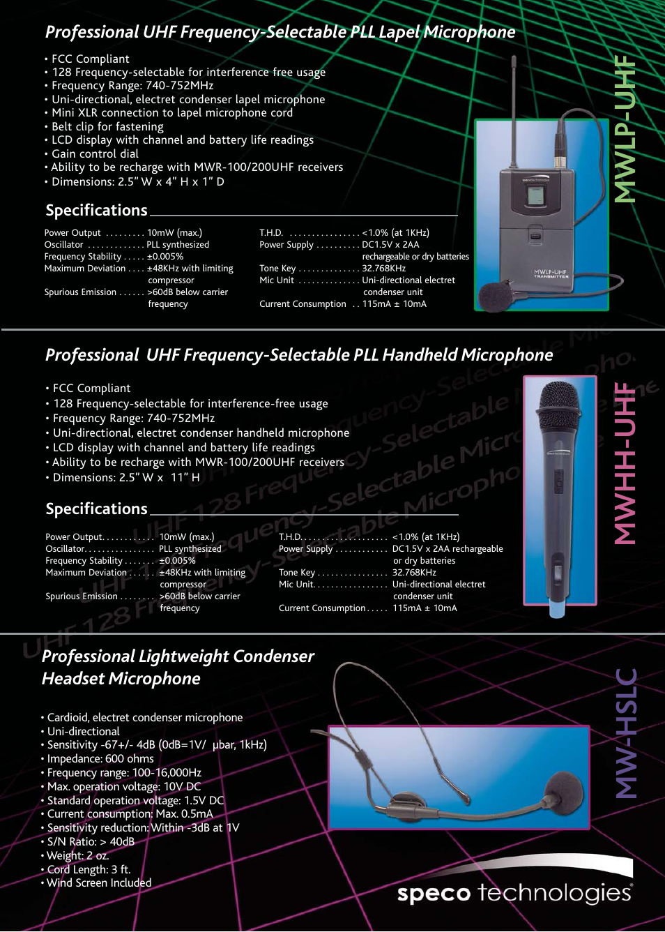 Mwlp-uhf, Mwhh-uhf, Mw -hslc | Specifications | Speco Technologies UHF 128 User Manual | Page 3 / 4