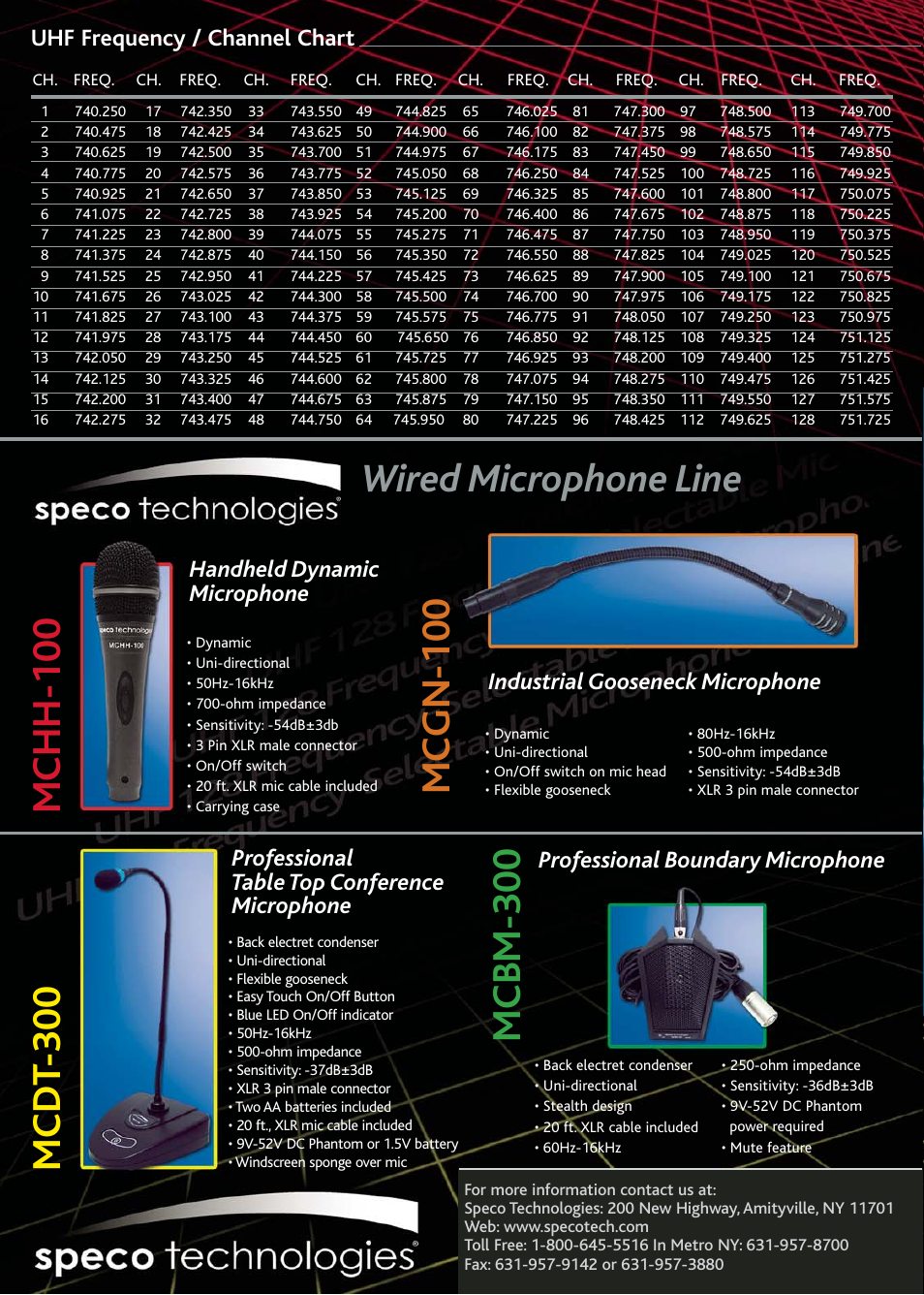 Mcbm-300, Wired microphone line, Uhf frequency / channel chart | Handheld dynamic microphone, Industrial gooseneck microphone, Professional table top conference microphone, Professional boundary microphone | Speco Technologies UHF 128 User Manual | Page 4 / 4