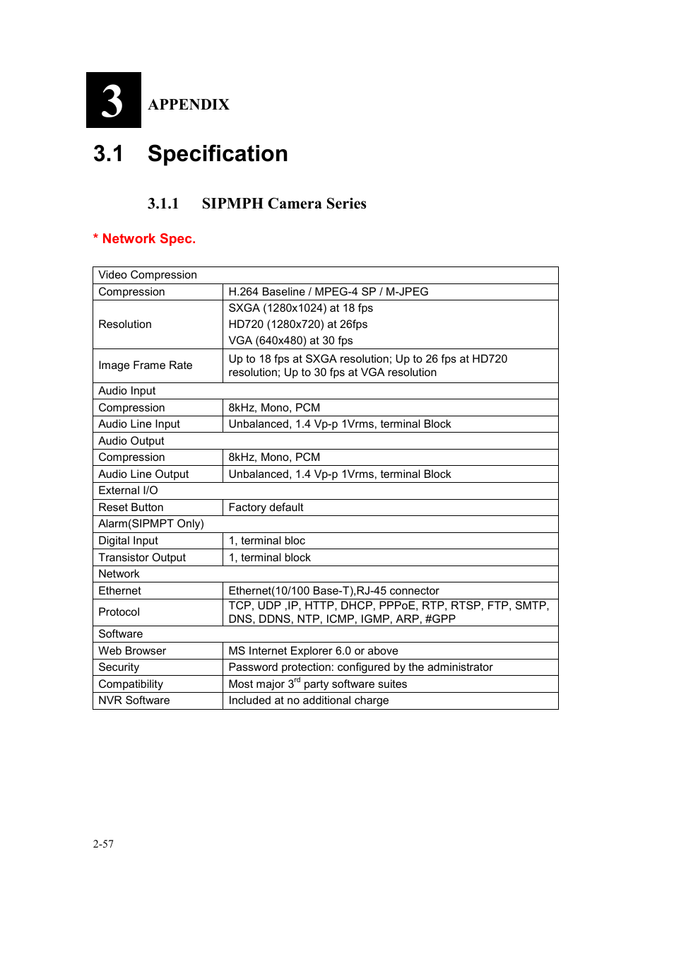 1 specification, Appendix, 1 sipmph camera series | Speco Technologies SIPMPBVFH User Manual | Page 61 / 64
