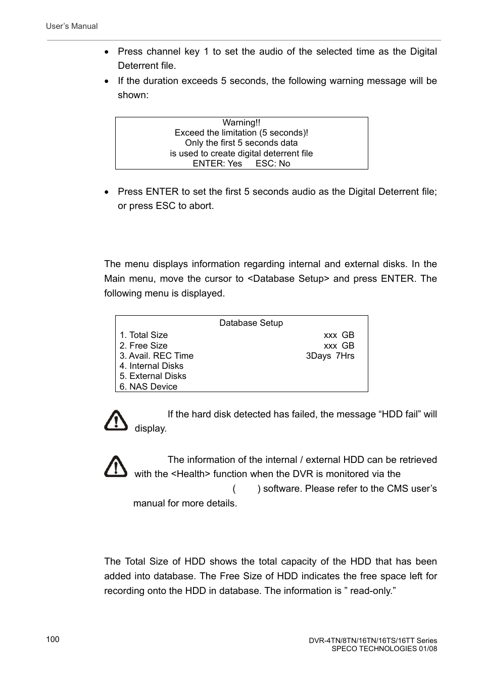 7 database setup, 1 total / free size of hdd | Speco Technologies DVR-16TS User Manual | Page 101 / 148