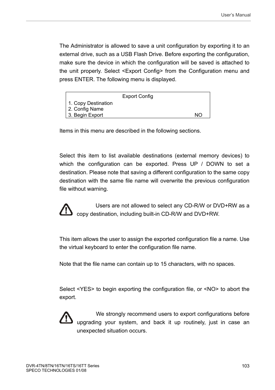 3 export configuration | Speco Technologies DVR-16TS User Manual | Page 104 / 148