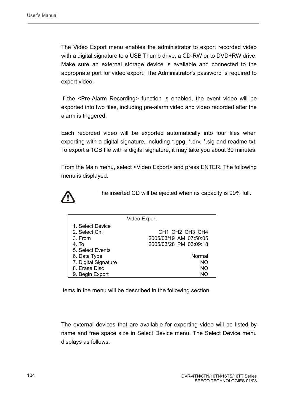 9 video export, 1 select device | Speco Technologies DVR-16TS User Manual | Page 105 / 148