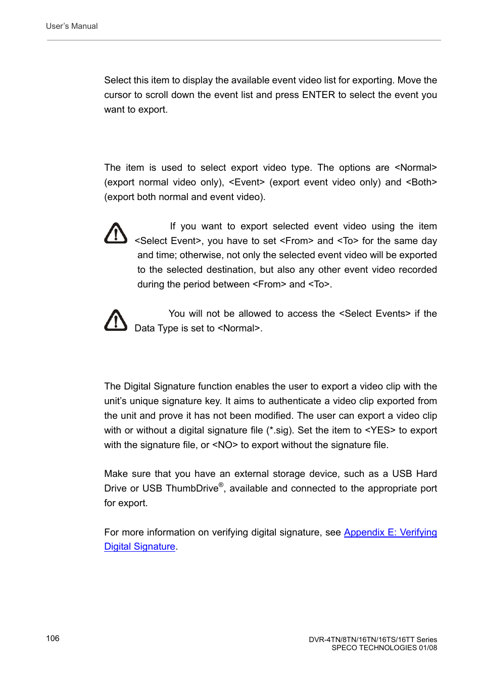4 select events, 5 data type, 6 digital signature | Speco Technologies DVR-16TS User Manual | Page 107 / 148
