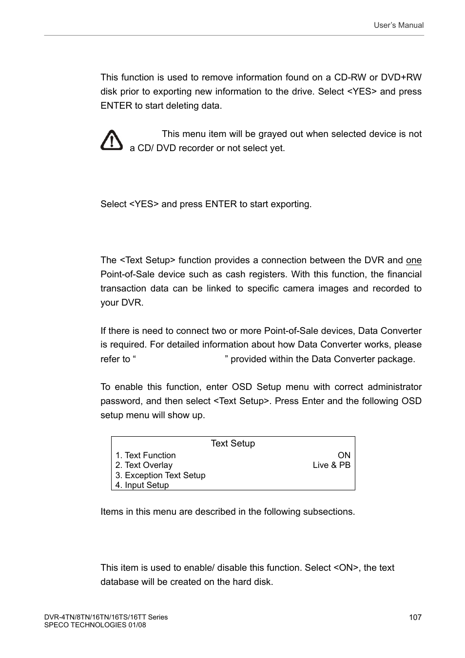 10 text setup, 7 erase disc, 8 begin export | 1 text function | Speco Technologies DVR-16TS User Manual | Page 108 / 148
