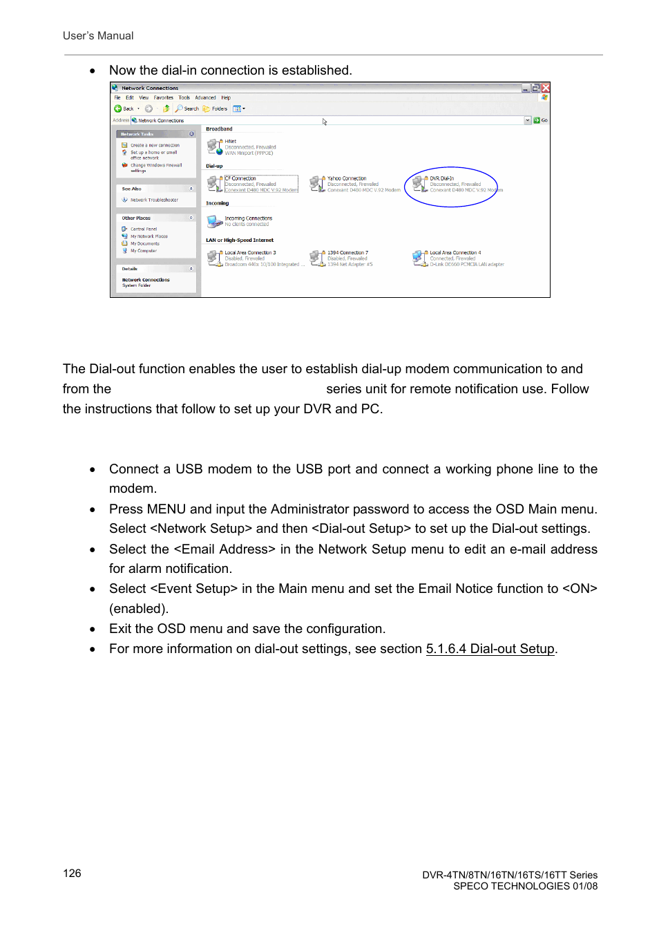 Establishing dial-out connection | Speco Technologies DVR-16TS User Manual | Page 127 / 148