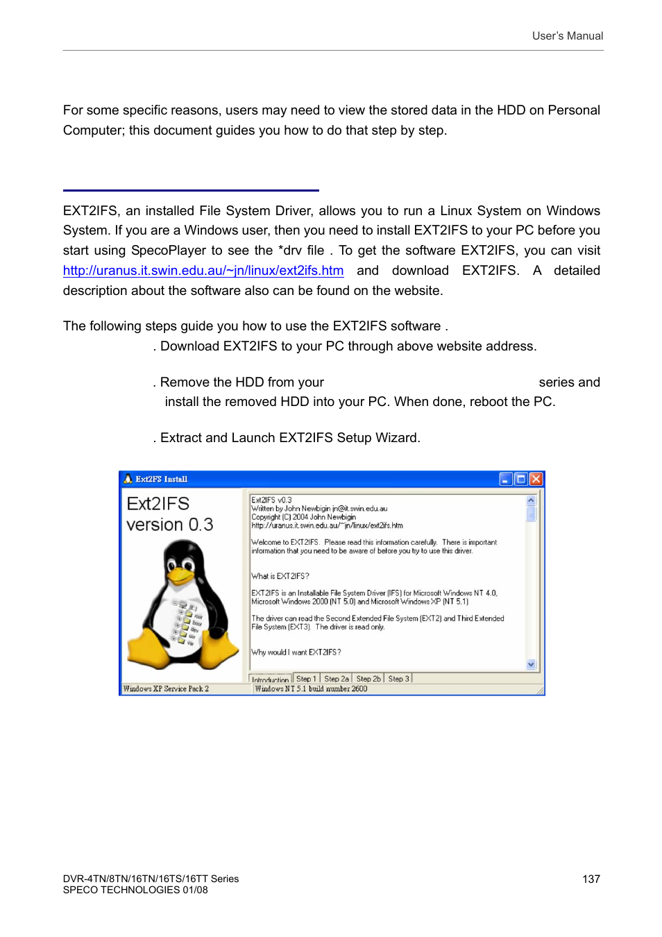 Appendix g: hdd pc player tool introduction, Using ext2ifs on your pc | Speco Technologies DVR-16TS User Manual | Page 138 / 148