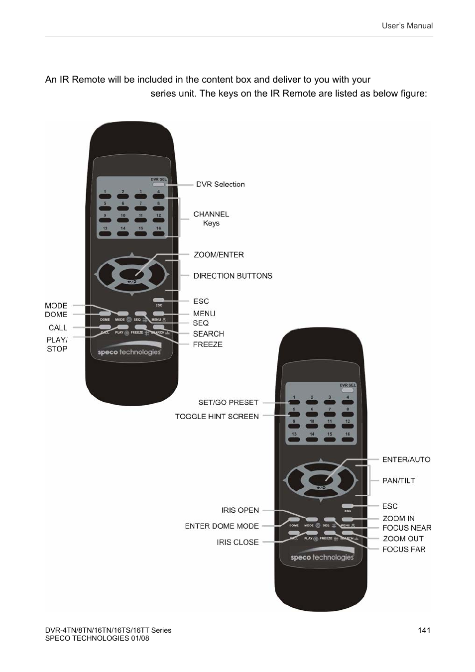 Appendix h: ir remote | Speco Technologies DVR-16TS User Manual | Page 142 / 148