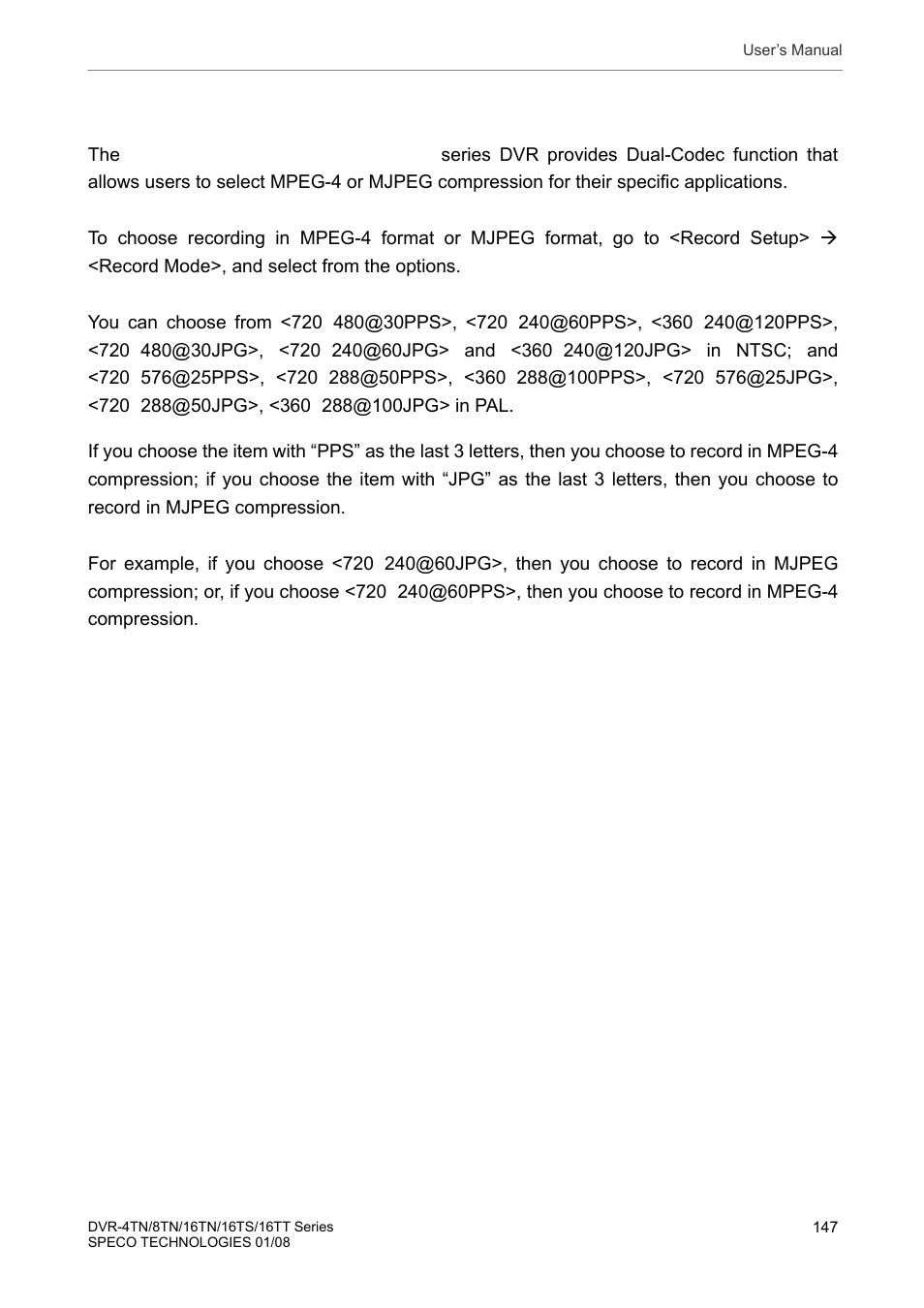 Appendix k: recording in mpeg-4/ mjpeg format | Speco Technologies DVR-16TS User Manual | Page 148 / 148